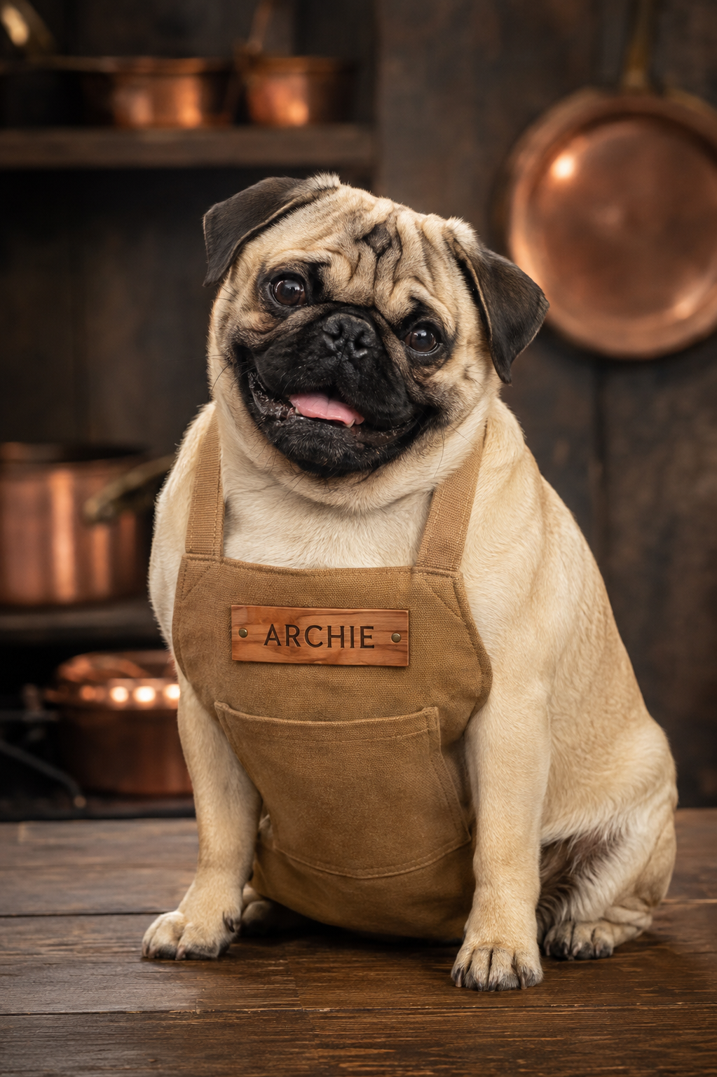 Archie the pug in a tan apron