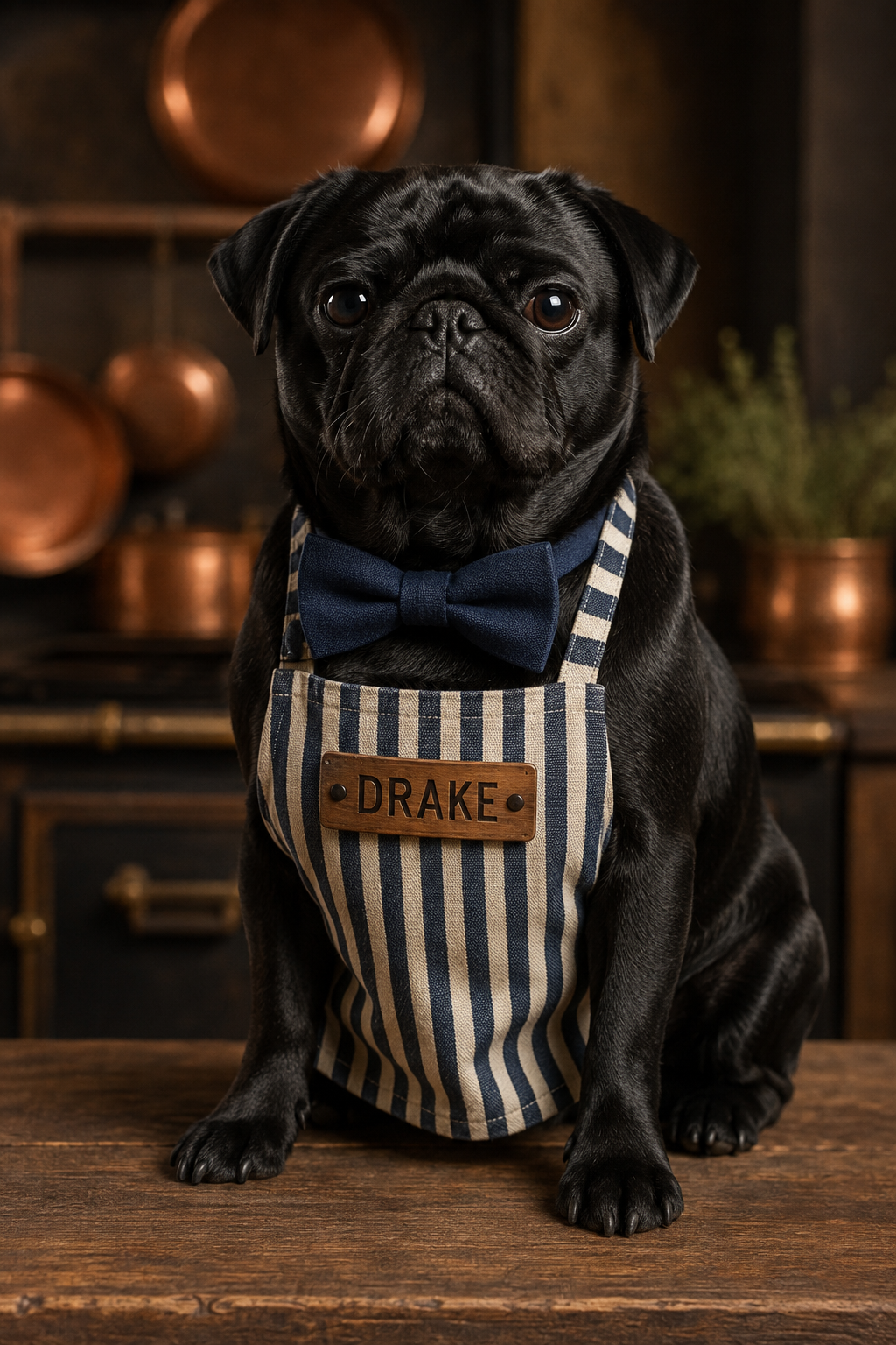 Drake the pug in a bowtie and striped apron