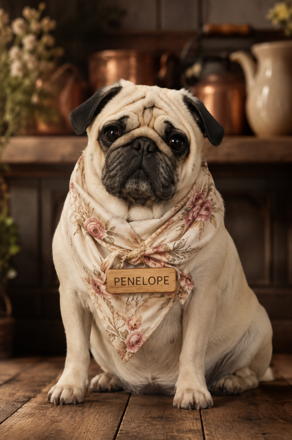Penelope the pug in a floral scarf