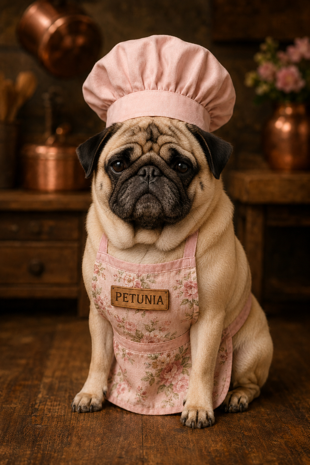 Petunia the pug in a chef's hat
